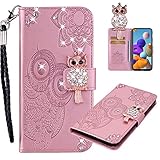 MEIKONST Samsung Galaxy A13 5G Handyhülle Brieftasche PU Leder Glitzer Hülle Diamant Bling Cover mit Kickstand Kratzfest Ganzkörper Schutzhülle für Galaxy A13 5G Eule Rose Gold Y