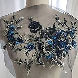 Yzki 3D-Stickerei mit Perlenapplikation, Blumen-Strass-Tüll, Tüll-Besatz, Stoff für DIY Ausschnitt, Hochzeit, Brautkleid, Kleidung, Stickerei Dekoration, saphirblau, Free S