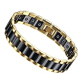 Flongo Edelstahl Magnet Therapie Kugel Perle Perlen Keramik Porzellan Armband Armreif Link Handgelenk Rechteckig Schwarz Gold Golden Gesundheit Biker H