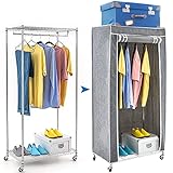 art moon Buffalo Schwerlast Faltschrank Kleiderschrank, Stabil Kleiderschrank auf Rollen mit 2 Ablagen, Stange und Schutzhülle, 20 Kleiderbügel und 50 kg Lasten, Stahl, Textil Grau ,75x45x150CM