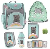 Familando Schulranzen-Set Sweet Kitty 6 TLG. mit Federmappe, Dose, Flasche und Regenschutz Türkis Grau Katze Regenbogen S
