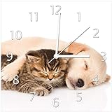 Wallario Design Wanduhr Katze und Hund in Harmonie - Kuschelnde Tiere aus Echtglas, Größe 30 x 30 cm, weiße Zeig