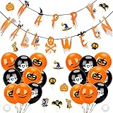 Halloween Deko Set,45Pcs Halloween Luftballons,Halloween Party Deko Set,Halloween Cupcake Topper,Happy Halloween Girlande,Halloween Kinder Deko fur Halloweenparty KinderHalloween Ballons Geist Kurb