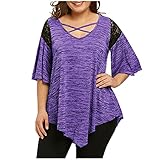 Masrin Plus Size Tops für Frauen Mode Spitze Patchwork T-Shirt Sommer Halbarm Kreuz Bandage V-Ausschnitt Pullover Unregelmäßiger Saum Lose Tunika Bluse(XXXXL,Z3 Violett)