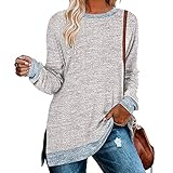 Damen Langarm Rundhalsausschnitt Farbe Schlitz Top Lose Casual Pullover T-S