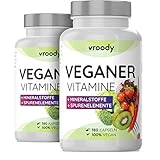 2x VROODY Vitamine für Veganer und Vegetarier - 2x 180 Kapseln (Jahresvorrat) - mit Vitamin B12, B2, D3, Calcium, Eisen, Zink, Jod & L-Lysin - Your daily vegan supp