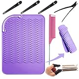 Byhoo | hitzebeständige Matte für Haar-Stylinggeräte wie Haarglätter u. Lockenstäbe, Silikon-Reisematte, Fingerschutz aus Rindsleder, 4 Stk Haarspangen für Styling, inkl. Kämmen, für Frauen u. M