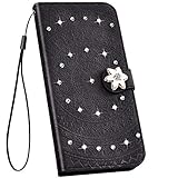 Ysimee Hülle kompatibel mit iPhone 6 6S, Glitzer Handyhülle PU Ledertasche Kartenfach Wallet mit Handschlaufe Eingelegten Diamond Strass Bing Schutzhülle Ständer Funktion Flip Cover, Diamant Schw