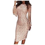 Lulupi Damen Kleider Glitzer Abendkleider Lange Ärmel Fransen Paillettenkleid Knielang Glänzend Partykleid Elegant Hochzeit Club Cocktailk
