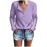 Damen Casual Waffelstrick Tunika Tops Lose Langarm Button Up V-Ausschnitt Henley S