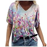 MRULIC Damen Oberteile Kurzarm V-Ausschnitt Bedrucktes Casual Tee Tops Frauen Sommer T-Shirt Pullover Sommerbluse Sommertop(A4 Violett,L)