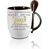 Creativ Deluxe Tasse m. Löffel Hinter jedem lebensfrohen Kind Steht eine Erzieherin die ihre Arbeit mit Liebe Macht Löffeltasse, Kaffeetasse mit Motiv,Bürotasse, Bedruckte Tasse mit Sprü