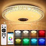 Prenine 72W LED Musik Deckenleuchte Dimmbar mit Bluetooth Lautsprecher und Speicherfunktion,6000LM RGB Farbwechsel,Timer Funktion, LED Deckenlampe Lampe für Innen, Küche, Schlafzimmer,W