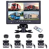 NHOPEEW Rückfahrkamera Set mit 9' LCD Monitor 170° Weitwinkel Rückfahrkamera, 4-geteiltes Display4-Kanal-Video IP68 wasserdicht 18IR LED für LKW/Anhänger/Bus/Van/Schwertransport(12-35 Volt)