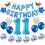 Oumezon 11 Geburtstag Dekoration Blau, 11. Geburtstag deko für Mädchen Jungen Happy Birthday Girlande Banner Folienballon Konfetti Luftballons Deko Geburtstag Party Anzahl B