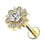Piercingfaktor Universal Piercing Tragus Helix Ohr Cartilage Stab Labret Stecker Madonna Lippenpiercing Lippe mit Kristall Blume Gold 8
