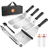 Huolewa Grillspachtel Set, Edelstahl 9 Pcs Flat-Top-Grillbesteck Set, Profi BBQ Zubehör Grillwender mit Turner-Bürstenflaschen und Tragetasche, Idee für Grillen im Freien, Teppanyaki und Camping