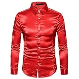 Hemd Herren Drucken Spleißen Satin/Einfarbig Glänzend Hemd Herren Slim Fit Klassisch Revers Langarm Shirt Herren Business Work Bankett Leistung All-Match Hemd H