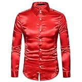 Hemd Herren Drucken Spleißen Satin/Einfarbig Glänzend Hemd Herren Slim Fit Klassisch Revers Langarm Shirt Herren Business Work Bankett Leistung All-Match Hemd H