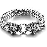 COSYJIA Viking Edelstahl Doppel Fenrir Wolf Kopf Armband for Männer, Nordic Odin Keltischer Wolf Religiöses Amulett, Mittelalter Geflochtenes Manschettenarmband (Color : Silver)