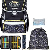 Schulranzen Herlitz Loop Plus Jungen Mädchen Ranzen Tornister Schultasche leicht 5 Teile Set mit Regenhülle (Monster Truck 2488)