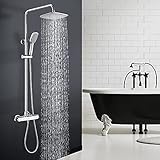 Homelody Duschsystem mit Thermostat Mischer 40℃ Duschset Regendusche mit 2 Strahlarten Handbrause inkl. 10 Zoll Duschkopf Edelstahl Duschsäule Höhenverstellbare 781mm-1224mm Duscharmatur Chrom Messing