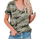 Damen Casual Kurzarm Tunika V-Ausschnitt Bluse T-Shirt Kurzarm Tops T-Shirt Casual Sommer Tops Basic Bluse Damen Leopard/Camouflage Print Tops V-Ausschnitt T-Shirt Kurzarm Casual S