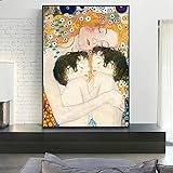 Gustav Klimt Leinwand Gemälde Berühmte Gemälde Mutter Liebe Zwillinge Baby Poster Druck Wandkunst Bild für Wohnzimmer Dekor 70x100cm (27,6x39.4in) R