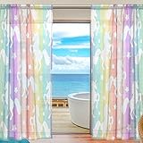 Mnsruu Fenster Vorhänge, Gardinen Transparente Fenster Voile Drapes Tüll Vorhänge weiß Einhörner auf bunten Streifen 198 cm lang für Wohnzimmer Schlafzimmer Girl 's Room 2