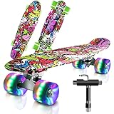 Saramond Skateboard komplett 55 cm Mini-Cruiser Retro-Skateboard für Kinder Jungen Mädchen Jugendliche Erwachsene Anfänger, LED-Blitzräder mit All-in-One Skate T-Tool (Grün-Graffiti)