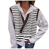 Graceyo Damen Pullover Weste Sweatshirts Pullunder Strickwesten Strickpullover Sweater Vest Streifen Ärmellose V Ausschnitt Lose Strickpullover Strickweste Tank Tops Herbst W