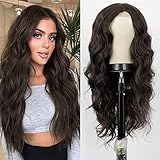 ATAYOU® Dunkelbraune Lace Front Perücke Lange Gewellte Perücke für Frauen Kleines Stück Spitze Lace Perücke Braune Perücke Hitzebeständige synthetische braune Perücken(dunkelbraune@579)