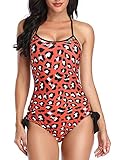 TTAO Einteiler Badeanzug Damen Sexy Strandbikini Rückenfrei Monokini Bowknot Leokardenmuster Druck Badebekleidung Sommer S-XL Rot M