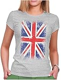 PAPAYANA - UK Flag - Damen Fun T-Shirt Bedruckt - Regular Fit - United Kingdom Flagge - Grau Meliert - XL