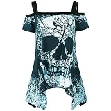 Frauen Kurzarm Unregelmäßige Saum Offene Schulter Schädel Einstecktuch T-Shirt Top Bluse，Strap Top Horror Totenkopf Plus Size Print Mode Kurzarm S