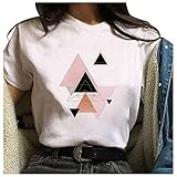 Masrin Frauen T-Shirt Lässig Mathematische Polygon Print Tops Einfarbige Tunika Kurzarm O-Ausschnitt Lose Bluse(L,Braun)