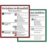 Verhalten im Brandfall und bei Unfällen (Schilder Set - 18x20cm) - Plakat für Büro und Betrieb nach ISO 7010 - Erste Hilfe Schild für Brand und Unfall - Aushang Notfallplan für B