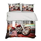 Bettwäsche-Set für King-Size-Betten, amerikanisches Motorrad, 1 Bettbezug mit Reißverschluss, 200 x 220 cm, 2 Kissenbezüge 50 x 75