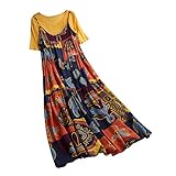 Lazzboy Frauen Plus Größe Patchwork Zweiteilige Oansatz Print Vintage Damen Kleider Tops Polka Dot Rock Zwei Stücke Maxikleid Strand Tunika Freizeitkleider Tuchkleid Blusenkleid(Gelb,5XL)