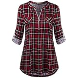 BUKINIE Damen-Tunika, langärmelig, mit Reißverschluss, V-Ausschnitt, geschwungener Saum, mit Tasche, rot, X-Larg