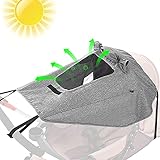 Kinderwagen Sonnensegel, mit Sichtfenster und UV-Schutz 50+ und Wasserdichtem, und Extra Breite Schattenflügel für Kinderwagen und Buggy,Reißfester & waschbar Sonnenschutz,Hellg