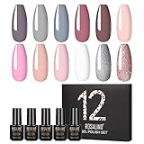 ROSALIND Gel Nagellack -Shellac Gellack UV 12 farbene Rosa Glitzer Farben Pastell Hellgrau Kit Serie Semi-permanent Soak Off Varnish Lack 7