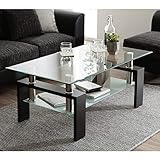 NZXVSE Transparenter Gehärtetes Glas Chrom Wohnzimmer Couchtisch, Schwarzer Moderner Rechteckiger Teetisch mit Unterem Regal und Holzbeinen für das Wohnzimmer, Größe: L 100 x B 60 x H 45