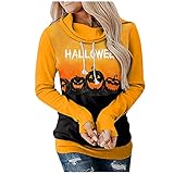 AFFGEQA Damen Halloween Hoodie Kürbis Totenkopf Druck Langarm Kapuzen Top Langarm T-Shirt Herbst Langarmshirt Basic Langarm Shirt Sw