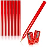 com-four® 10-teiliges Set Zimmermannsbleistifte und Anspitzer, ovale Holz-Bleistifte mit Einer Strichbreite von 1-2 mm, unangespitzt - Länge 175 mm (10-teilig - rot - mit Anspitzer)