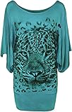 FAIRY TRENDZ LTD Damen-T-Shirt mit Rundhalsausschnitt, Fledermausärmel, Glitzer, Tiger, bedruckt, Pailletten, Baggy, türkis, 48-50