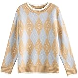 Damen Winter Retro Plaid Rundhals Pullover All Match Slim Pullover Pullover (Color : Grey coffee, Size : XL)