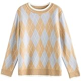 Damen Winter Retro Plaid Rundhals Pullover All Match Slim Pullover Pullover (Color : Grey coffee, Size : M)