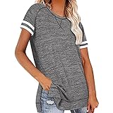 CAZOY Damen Seite Split Dekoration Gestreifte Kurzarm Rundhals Raglan Design Patchwork Polo Shirts Tunika Tops Frauen Sommer Beiläufig Elegante Vintage Base Layer Atmungsaktive Weiche T-Shirt B