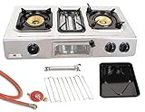 Edelstahl Gaskocher 3 flammig 9,7 KW Campingkocher mit Grill Ofen Gasgrill WOK Hockerkocher inkl. Gasschlauch-Regler S